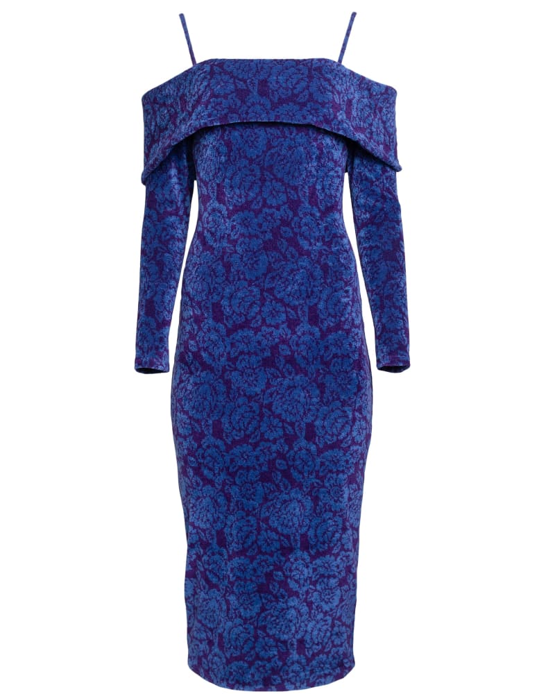 Front of a size 3X Cuffed Floral Sweater Dress in Blue by Hilary MacMillan. | dia_product_style_image_id:316515